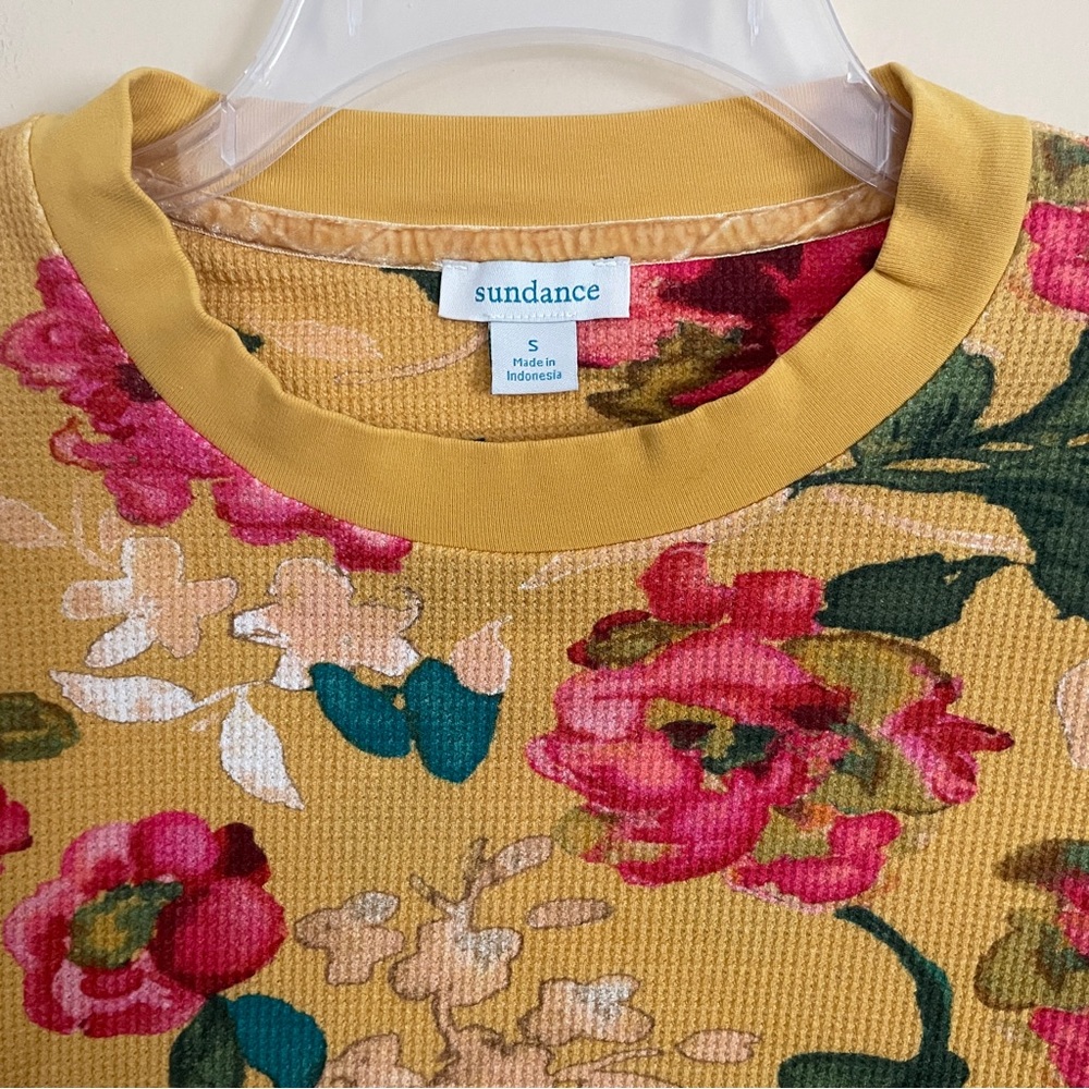 Sundance Floral Melanie Crewneck Top Small Thermal Waffle Knit Velvet Trim Cuff - Picture 5 of 10